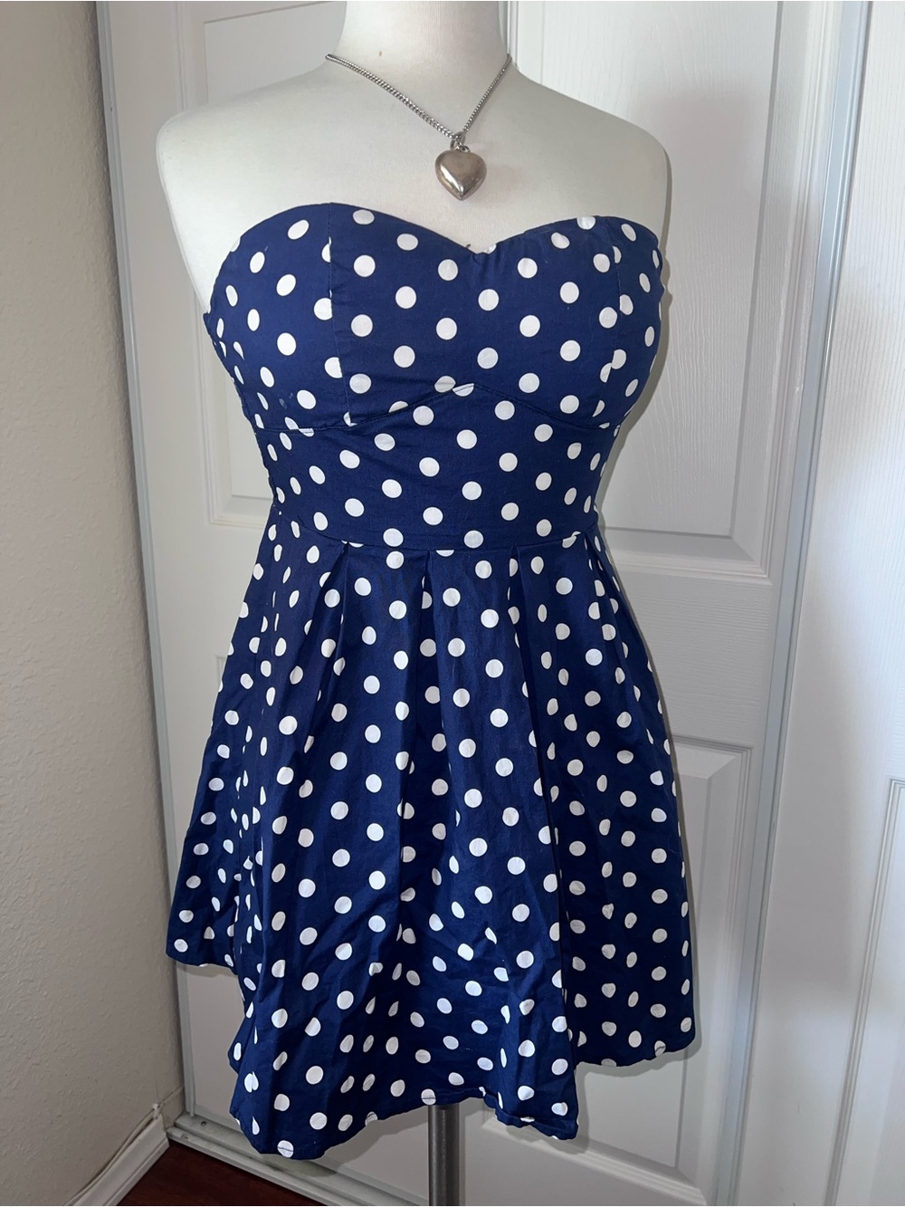 Say What? Navy and White Polka Dot Strapless Fit & Flare Dress
